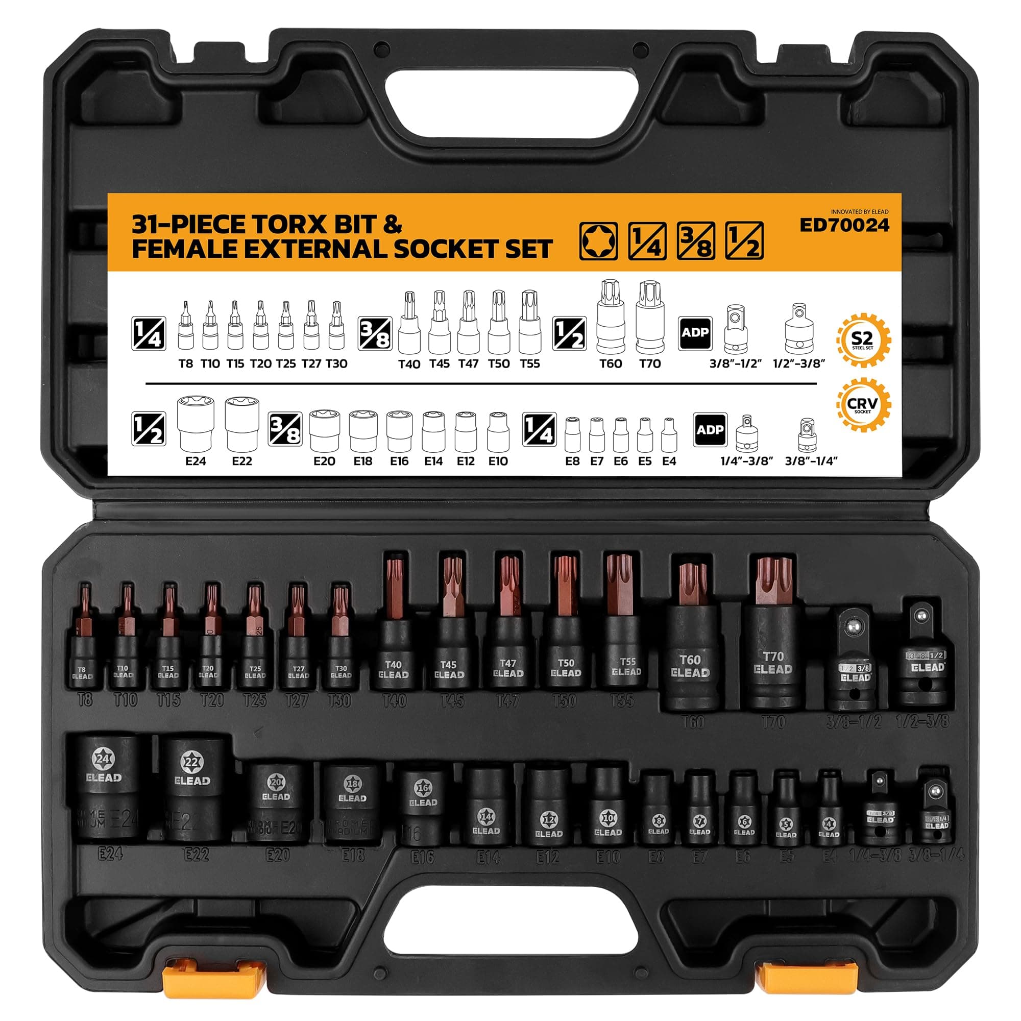 31-Piece Torx Bit Socket Set: 14 Star Bits T8-T70 & 13 E-Torx Sockets E4-E24, Premium CR-V & S2 Alloy Steel, High Torque Laser Marked for Automotive Mechanic