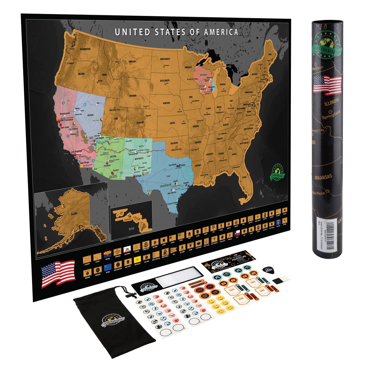 Scratch Off Travel Map US Scratch Off Map with 50 State Flags and Landmarks Track States Visited, Full Accessories Set Included, Gift for Travelers