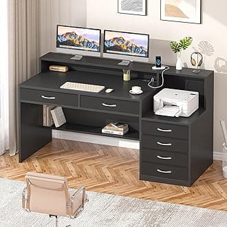 Computer Desk with 6 Drawers, 55 Inch Home Office Desk with Storage, Power Outlets and Printer Stand, Study Writing Desks with Long Monitor Stand, Black