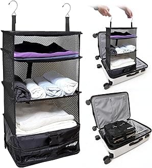 Grand Fusion Stow-N-Go Packing Organizer for Luggage, Portable Hanging Travel Shelves, Carry-On Closet, Hanging Packing Cubes, Collapsible Carry-On Organizer for Cruises & Hotels. Black - L
