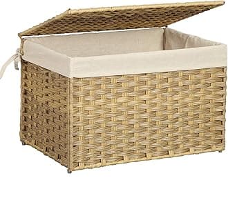 SONGMICS Storage Basket with Lid, 17.2 Gallon (65L) Storage Bin, Woven Blanket Storage Basket with Handles, Foldable, Removable Liner, Metal Frame, for Bedroom, Laundry Room, Natural URST56NL