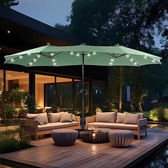 MFSTUDIO 15ft Double Sided Patio Umbrella with Solar Lights, Outdoor Large Umbrellas with Crank Handle and 36 LED Lights, Rectangular Market Umbrella with Base Included for Deck Pool Shade, Mint Green