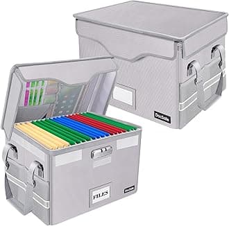 DocSafe Fireproof Document Box with Lock,File Storage Organizer with Pockets,Collapsible Portable File Box Home Office Safe Filing Cabinet with Handle for Hanging Letter/Legal Folders,Silver,2 Pack