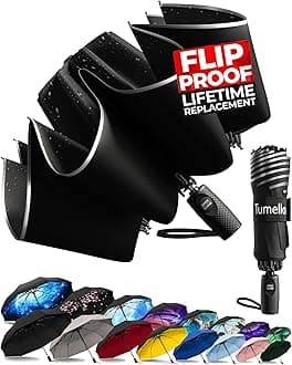 TUMELLA Strongest Windproof Reversed Travel Umbrella, Small Strong but Light Portable and Automatic Folding Rain Umbrella, Durable Premium Grip, Fits Car & Backpack