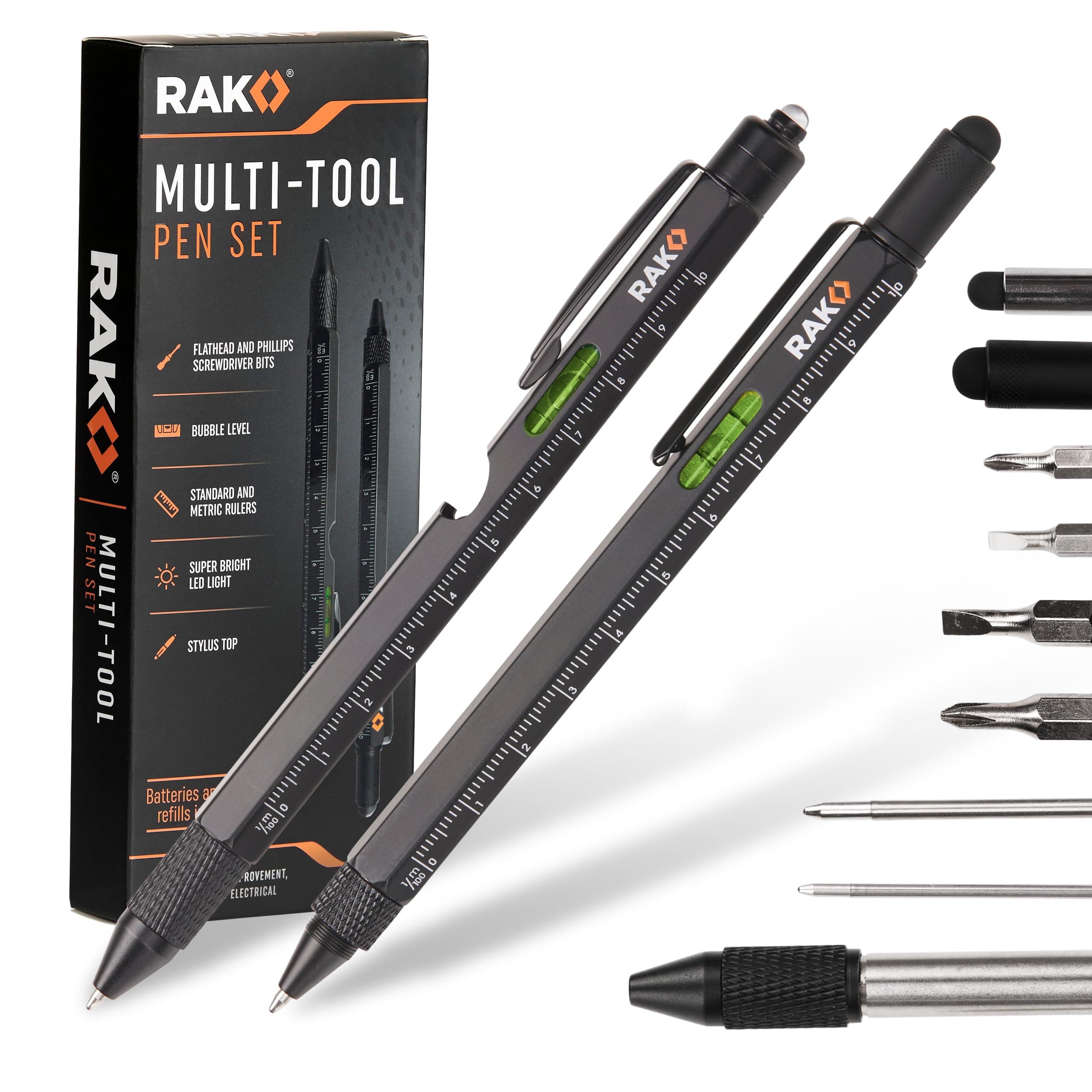 RAK Multi-Tool 2Pc Pen Gift Set - LED Light, Touchscreen Stylus, Ruler, Level, Bottle Opener, Phillips Screwdriver, Flathead, and Ballpoint Pen