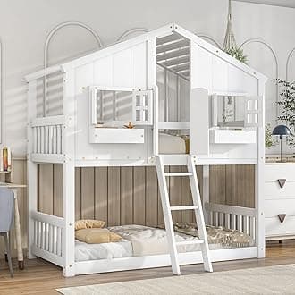 Harper & Bright Designs House Bunk Bed Twin Over Twin Kids Bunk Bed Wood Frame with Roof, Window, Window Box, Door, Safety Guardrails and Ladder, for Girls Boys (Twin Size, White)