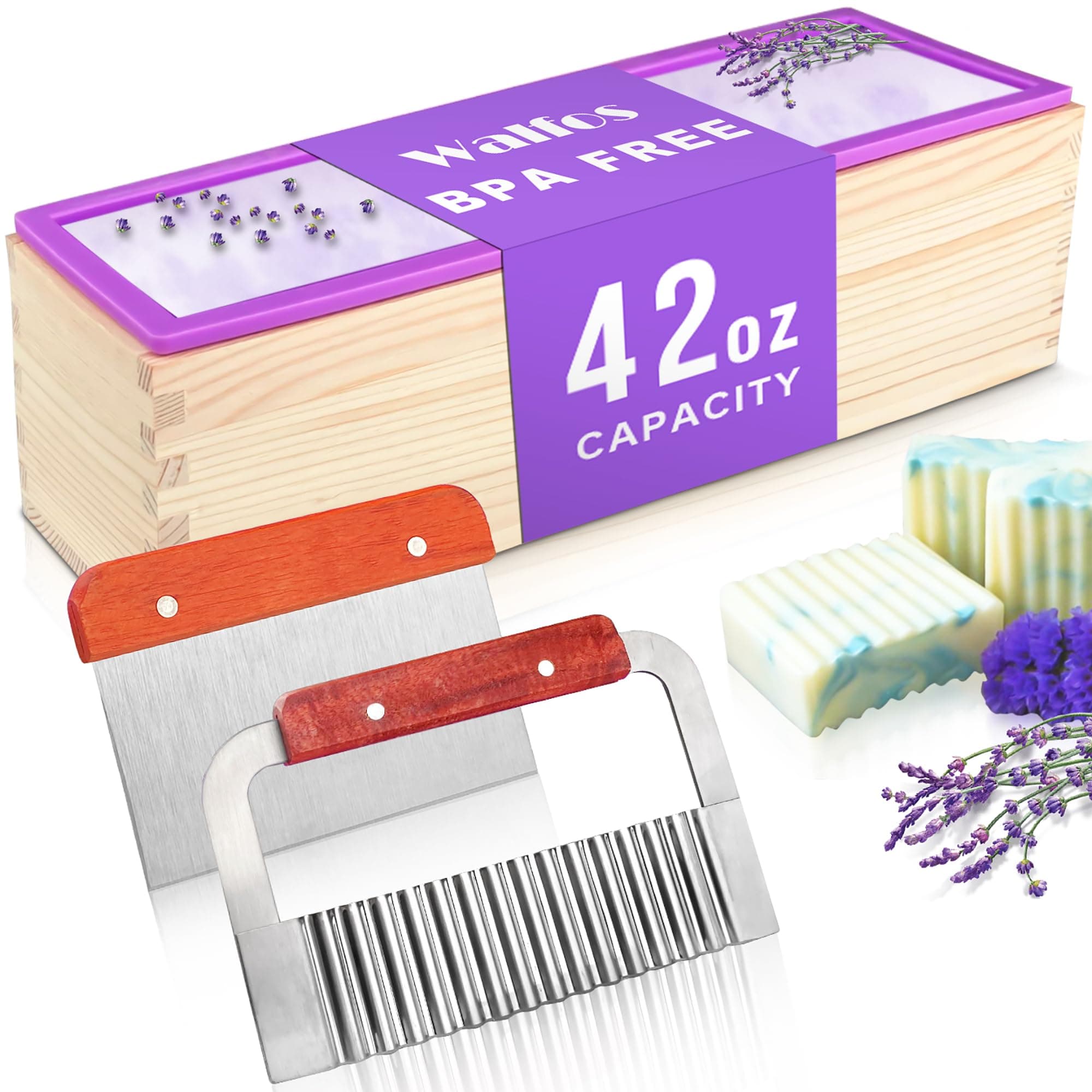 Walfos Silicone Soap Mold - Flexible Rectangular Loaf Mold Comes with Wood Box, Stainless Steel Wavy + Straight Scraper for Soaps Making 42oz