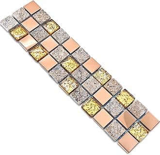 Luxury Glass Stone Tile Rose Gold Glitter Metal Mosaic Accent Backsplash Tiles in Kitchen Bathroom Walls and Fireplace Decor (3x12 Sample)