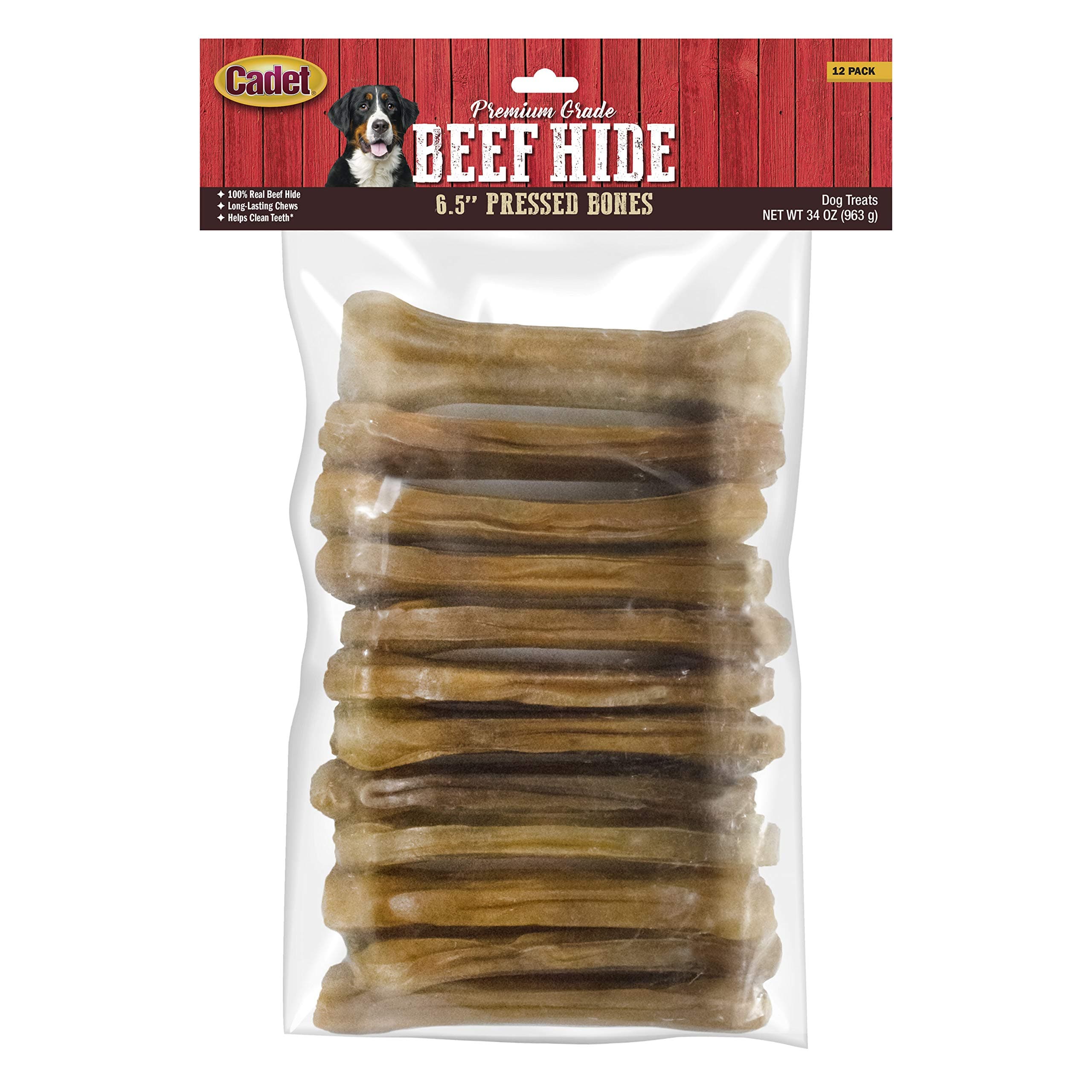 Cadet Premium Grade Pressed Beef Hide Bones, Long Lasting Rawhide Dog Chews, 6.5 Inch (12 Count)