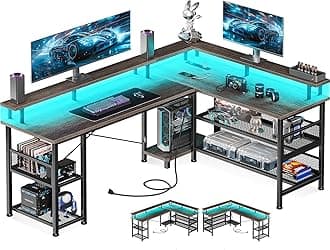 ODK59" L Shaped Gaming Desk with Power Outlet and LED Lights, PC Gaming Table with USB Ports, Reversible L Shaped Desk with Storage Shelves & Monitor Stand, Corner Home Office Desk, Grey Oak