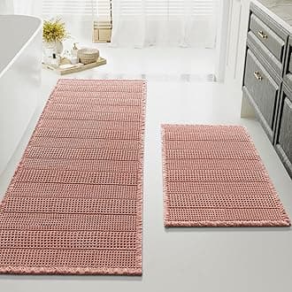 H.VERSAILTEX Waffle Bath Mat Super Absorbent Bathroom Mats Non Slip Bath Rugs for Bathroom Floor Machine Washable Ultra Soft Bathroom Rugs for Beside Tub, (32 x 20 Plus 24 x 60 - Inches, Soft Pink)