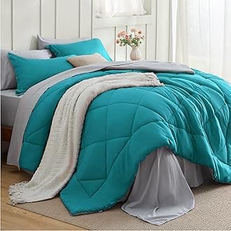 Queen Comforter Set - 7 Pieces Reversible Teal Bedding, Queen Size Bed Set for All Seasons, Bed in a Bag with Down Alternative Comforter, Sheets, Pillowcases & Shams