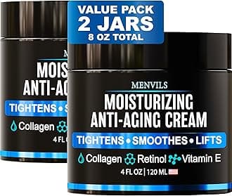 (2 Pack) Mens Face Moisturizer Cream - Anti Aging & Wrinkle for Men with Collagen, Retinol, Vitamins E, Jojoba Oil - Face Lotion - Age Facial Skin Care - Eye Wrinkle - 8 oz Total