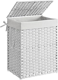 SONGMICS Handwoven Laundry Basket, 90L Synthetic Rattan Clothes Hamper with Lid and Handles, Foldable, Removable Liner Bag, White LCB51WT
