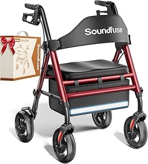 SOUNDFUSE Walkers for Seniors, Rollator Walker with Seat, 8" All Terrain Wheels, Double Support Bar, 350lb, 16" Ergonomic Arc Seat and Comfortable Backrest, Dual Height Adjustable and Foldable Design