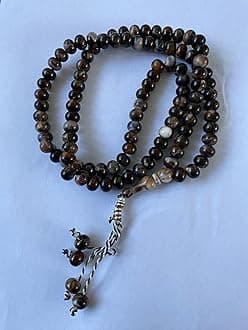 Basic Prayer Misbah Rosary Islamic Tasbeeh Large Beads Counter Spiritual Marble Effect 99 Beads (Brown) - Unisex, Muslims, Spiritual Individuals, Necklace