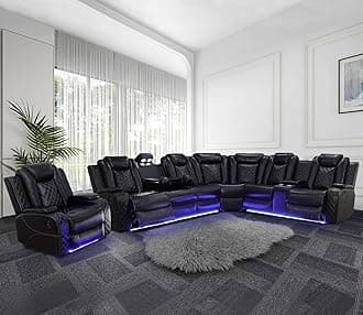 Power Recliner Sofa Sectional Couch for Living Room Furniture Set,Leather Reclining Corner Sectional Couch with 3 Recliner Seats,Cup Holder,Storage,LED Light for House/Home Theater, Black