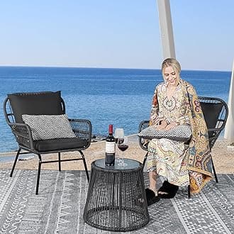BULEXYARD 3 Piece Boho Outdoor Furniture Patio Bistro Chair Sets with Round Tempered Glass Table, Small Size Wicker Conversation Sectional Chair Sets for Porch, Deck, Garden, Balcony (Dark Grey)