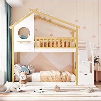 SOFTSEA Twin Size House Bunk Bed for Kids, Floor Bunk Bed with Round Windows, Wood Bunk Bed with Storage Staircase and Guardrails, Twin Over Twin House Shaped Bunk Bed for Kids, Natural and White