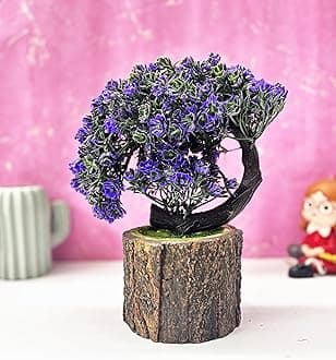 Dekorly Artificial Bonsai Tree Fake Plant Potted House Plants Japanese Pine Bonsai Plant Faux Bonsai for Home Indoor Decoration Office (Height : 21CM, Wooden Pot, Purple)