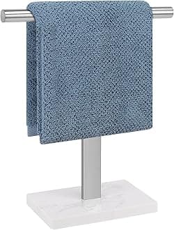 Hand Towel Holder, T-Shape Hand Towel Stand for Bathroom, Hand Towel Rack Standing Towel Bar for Vanity Kitchen Countertop, 304 Stainless Steel (12IN-Marble Base, Brushed)