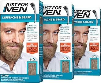 Just For Men Mustache & Beard, Beard Dye for Men with Brush Included, With Keratin Biotin Aloe and Coconut Oil for Healthy Facial Hair - Blond, M-10/15, Pack of 3 (Packaging May Vary)
