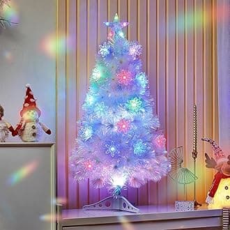 Juegoal 3ft Pre-Lit Artificial Mini Christmas Tree, Lighted Optical Fiber Tabletop Xmas Tree with Color Changing LED Lights, Snowflakes & Top Star, Party Home Holiday Fake Multicolored Tree, White
