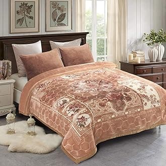 Korean Style Fleece Blanket King Size, 87x94 Inches,10.5 Pounds, Heavy Velvet Fleece Winter Blanket, Plush Soft, Thick, Warm for Fall - 2 Ply A&B Printed with Embossing Pattern, Khaki Floral