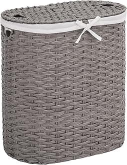 Seville Classics Premium Handwoven Portable Laundry Bin Basket with Carrying Handles, Household Storage for Clothes, Linens, Sheets, Gray, Oval Hamper