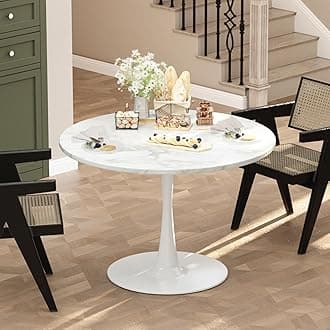 LTTROMAT 32 Inch Round White Marble Tulip Dining Table W/0.71" Thickness & Metal Pedestal Base for 2 to 4 People, Modern Kitchen Leisure Circle Coffee Table