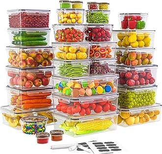 60 PCS Food Storage Containers with Lids(30 Containers & 30 Lids), Plastic Containers for Pantry & Kitchen Organization, Leak Proof, Stackable, Reusable Meal Prep Container with Labels & Pen