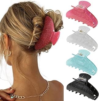4Pcs Acrylic Large Hair Claw Clips for Women Girls - Strong Hold Jaw Clips, Non-slip Banana Barrettes for Thick Hair (Sparkle: Pink, Silver, Black, Blue)
