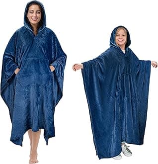 Hooded Poncho Blanket, Fleece Wearable Throw Wrap with Hood and Pocket, Warm Cozy Soft for Adult Women Men Kids, Indoor or Outdoor Navy