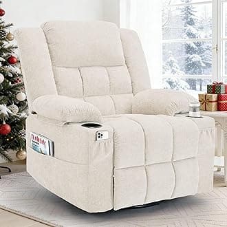 360° Swivel Rocker Recliner for Adults, Nursery Glider Recliner with Massage and Heating, Rocking Chair with Cup Holder, Manual Recliner Chair for Living Room, Bedroom (Fabric, Beige)