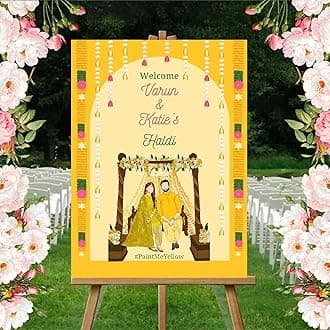 Theme My Party Custom Indian Traditional Haldi Ceremony Welcome Sign Board I Personalized Indian Pre Wedding Haldi Wedding Sign Board I Indian Ceremony Welcome Sign for Haldi Board