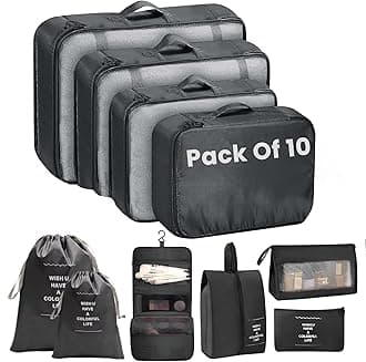 Set of 10 Pieces Packing Cubes Organiser for Travel, Travel Organizer Bags for Luggage, Suitcase Includes 2 Drawstring Bags, Shoe Bag and Toiletry Bag with Hook - Set of 10 - Black