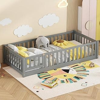 Twin Size Kids Floor Bed Frame with Door and Fence,Montessori Floor Bed with Slats and Safety Guardrails for Girls Boys, Solid Wood, Gray