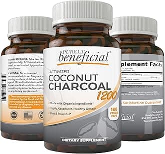 PURELY beneficial Activated Coconut Charcoal 1200mg, 180 Capsules - Pills for Digestive System, Bloating, Vegan (1bottle)