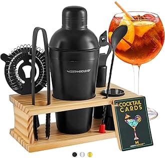 Modern Mixology Cocktail Shaker Set - 8 Piece Bartender Kit on Quality Pine Stand | Complete Cocktail Kit Gift Set | Top Bartender Gifts for Men | Leak Proof Design (Black)