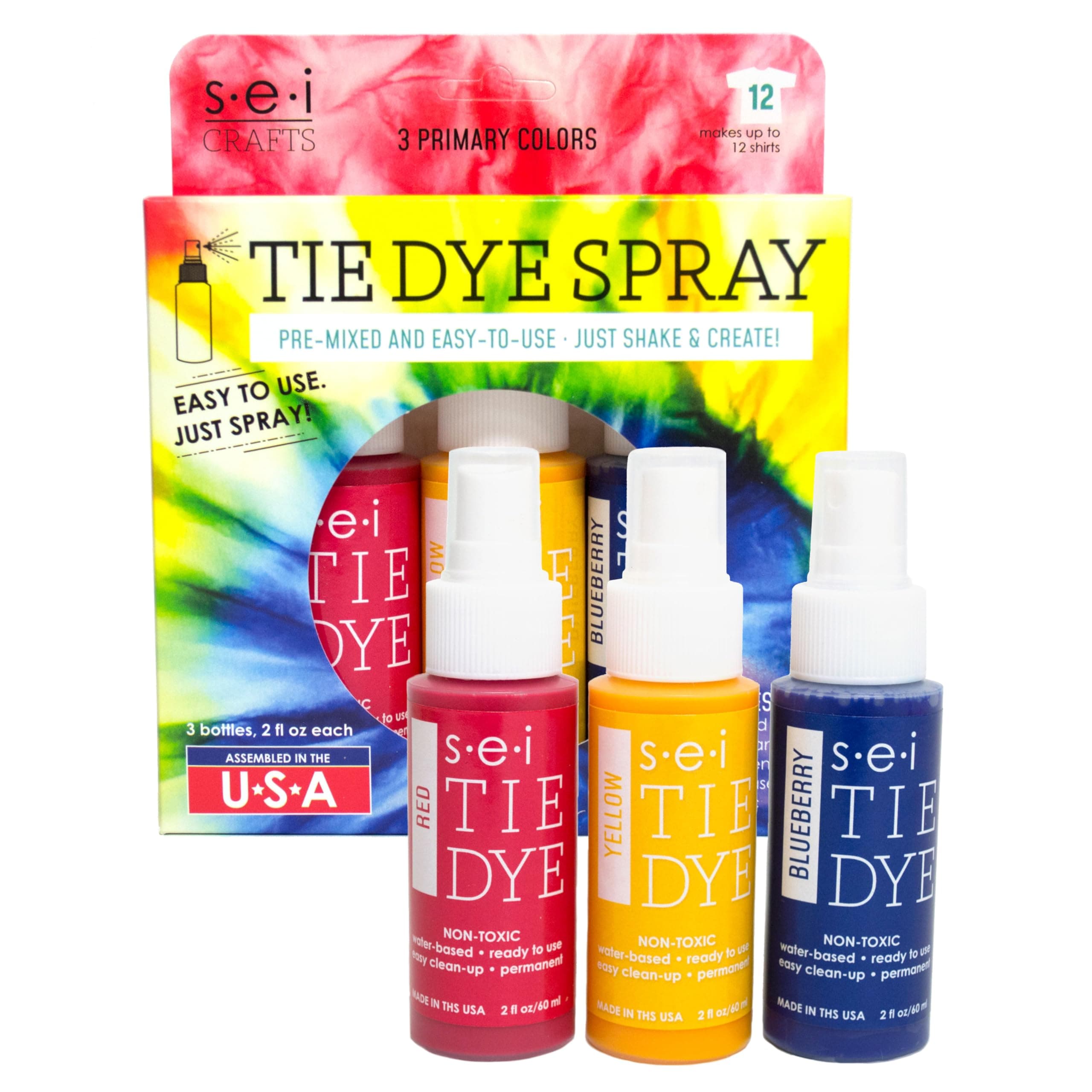 S.E.I. Primary Tie Dye Kit 3 Pack: Pre-Mixed Spray Tie Dye Kit, Easy-to-Use, Non-Toxic Fabric Dye in Red, Yellow, and Blue, Shake and Spray