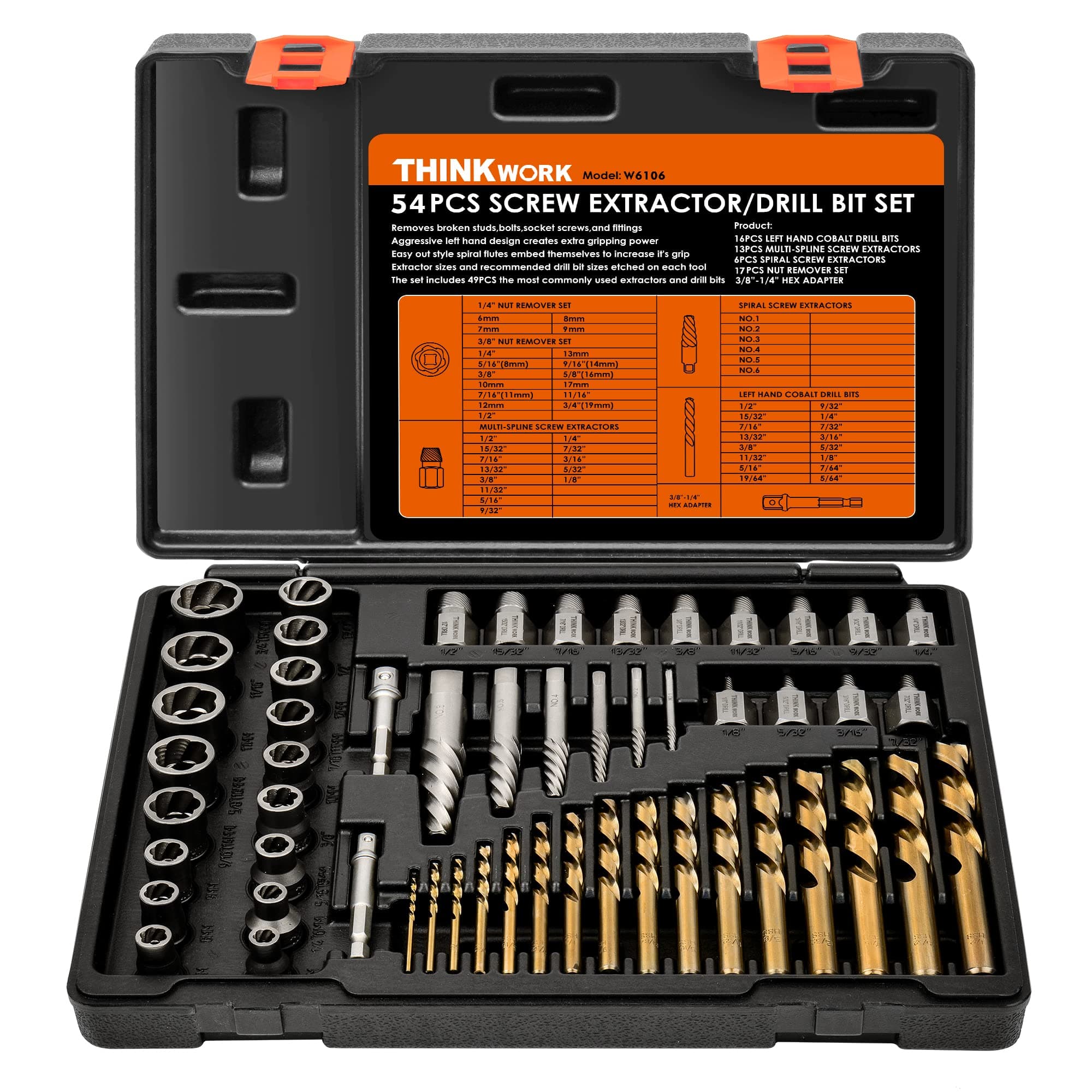 THINKWORK Bolt Extractor Set, 54 Pieces easy out Screw Extractor Set & left hand drill bit set, for Removing Damaged, Frozen, Rusted, Rounded-Off Bolts, Nuts & Screws