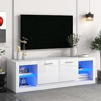Merax Modern LED TV Stand with 2 Tempered Glass Shelves, High Gloss Entertainment Center for Televisions Up to 70”, Elegant Storage Cabinet with Color Changing Lights for Living Room, White