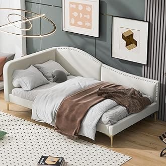 BIADNBZTwin Size Upholstered Daybed with Headboard and Armrest, Support Legs, Modern Linen Day Bed Frame, for Bedroom Living Room Guestroom, Beige