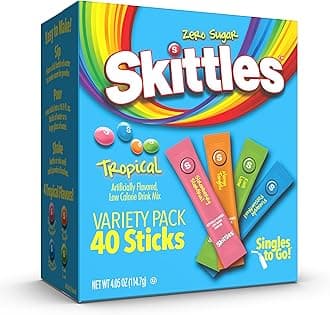 Skittles Singles To Go Tropical Variety Pack, Watertok Powdered Drink Mix, Zero Sugar, Low Calorie, Includes 4 Flavors: Strawberry Starfruit, Mango Tangelo, Kiwi Lime, Pineapple Passionfruit, 1 Box (40 Single Servings)