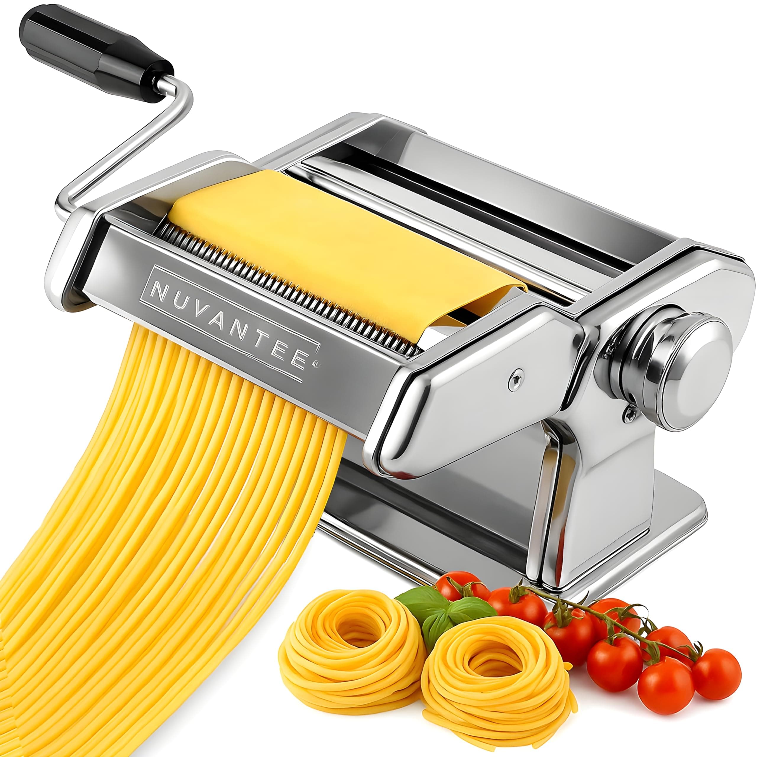 Nuvantee Pasta Maker Machine - Adjustable Crank Roller & Attachments - Manual Hand Press - Silver