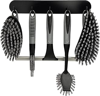 Scrub Brush Set of 6 pcs - Cleaning Shower Scrubbers with Squeegee for Shower Glass and Adhesive Wall Hooks Including Grout Cleaner Brush, Scrub Brushes for Cleaning Bathroom, Shower, Tile, Bathtub