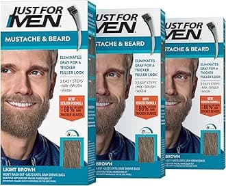 Just For Men Mustache & Beard, Beard Dye for Men with Brush Included, With Keratin Biotin Aloe and Coconut Oil for Healthy Facial Hair - Light Brown, M-25, Pack of 3 (Packaging May Vary)