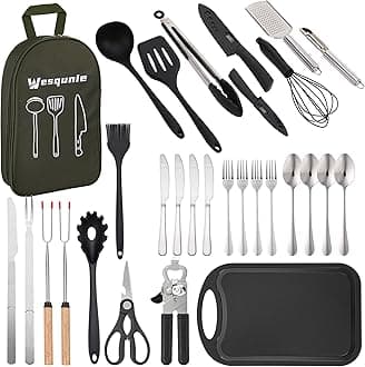 - Wesqunie Camping Cooking Essentials Utensils Set - Camp Cookware Kitchen Accessories Kit, Camper Gear Must Haves, Stainless Steel & Silicone, RV Car Portable Outdoor Equipment Tool