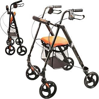 MobiQuip Aluminium Rollator, 4 Wheeled Walker with Seat and Storage Basket, Weighs Just 6.4kg Lightweight Folding Mobility Aid, Easy to Fold Walking Frame, for Elderly or Disability