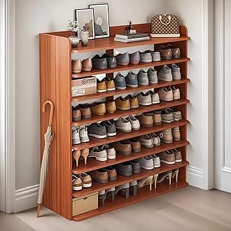 JOMILA Wooden Shoe Cabinet, Shoe Rack, Free Standing Entryway Shoe Organizer, Multi-Function Shoes Cabinet for Boots Shoe Storage Shelf Home Furniture Modern House Office Stand (8 Tiers Brown)